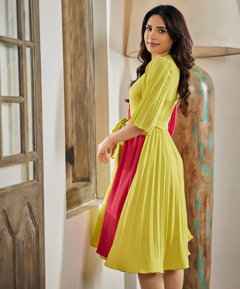 Two Tone Pleated Flared Sleeve Dress
